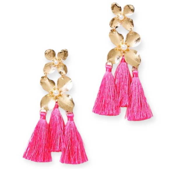 LILLY PULITZER Earrings Via Flora Tassel Roxie Pink Gold Pearl Embellishment NWT - Picture 1 of 5